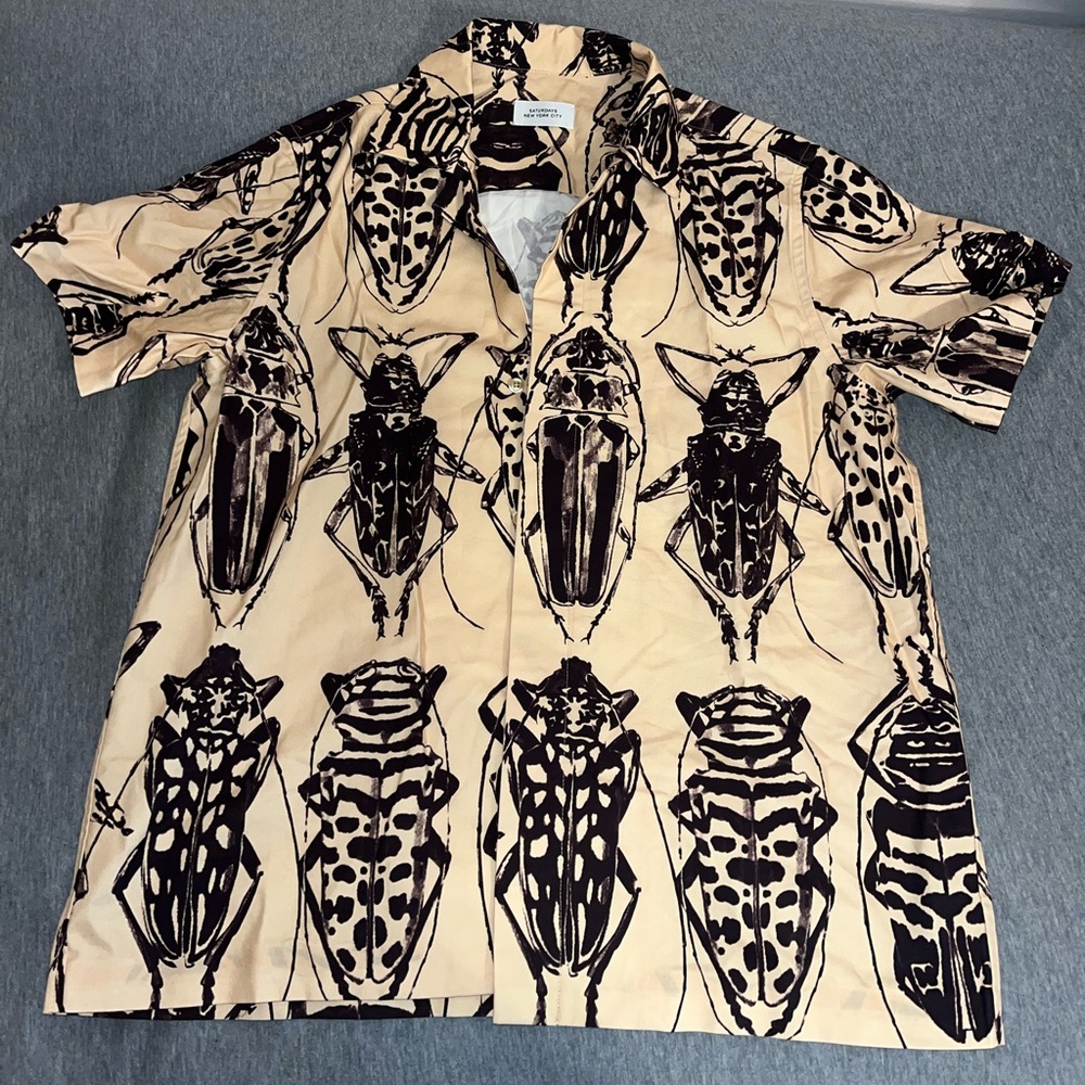 SATURDAYS NYC Mens York Entomology Short Sleeve Shirt Reed Yellow Size Small